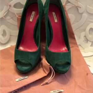 Miu Miu Green and Pink Suede Stiletto Heels